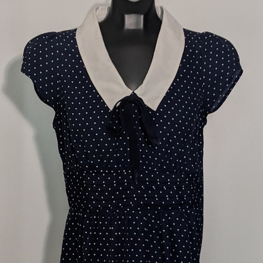 Navy picnic dress with dots.